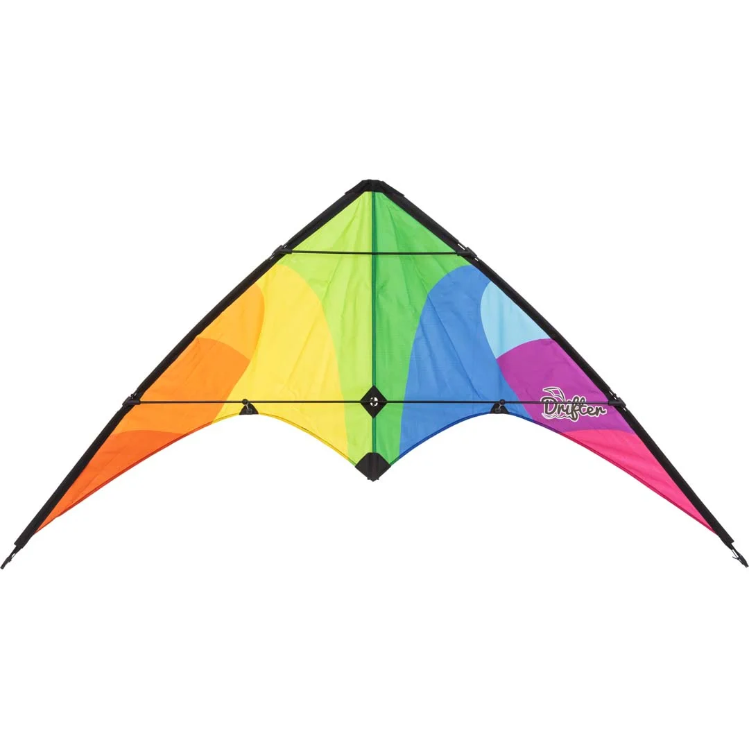 Akrobatski zmaj Drifter Rainbow z mavričnimi barvami in črnim okvirjem, primeren za dinamične zračne akrobacije.