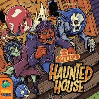 Naslovnica igre Boxtop Pinball: Haunted House prikazuje risane pošasti, kot so Meduza in okostnjak, ki bežijo po strašljivi hiši, obdani z baloni in temnimi toni.