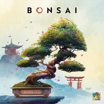 Naslovnica igre Bonsai, ki prikazuje čudovit bonsaj v okrašeni posodi, s tempeljem in japonskim torii v ozadju, obdana z nežnimi cvetnimi listi.