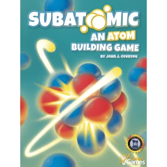 Naslovnica igre Subatomic: An Atom Building Game prikazuje dinamično podobo subatomskih delcev, ki se vrtijo okoli jedra atoma, kar simbolizira osrednjo tematiko igre.