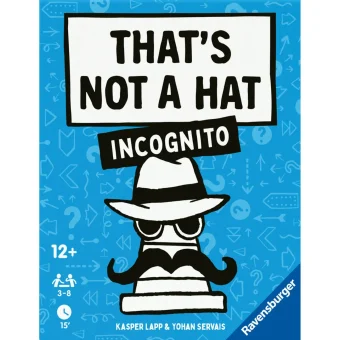 Naslovnica igre That's Not a Hat: Incognito, ki prikazuje stilizirano figuro s klobukom, sončnimi očali in brki na modrem ozadju z vzorci puščic in vprašajev.