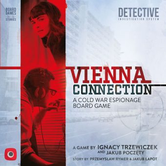 Naslovnica družabne igre Vienna Connection prikazuje agente v hladni vojni, obdane z rdečo barvo, in poudarja vohunsko tematiko igre z zaslišanji in analizo.