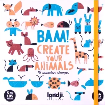 Otroški ustvarjalni set "BAM! Create Your Animals" od Londji, ki vključuje 16 lesenih štampiljk za sestavljanje unikatnih živalskih likov.