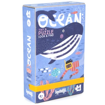 Embalaža puzzla "Tiny Ocean" Londji za otroke 4+ prikazuje nasmejanega kita, potapljača in živahno morsko življenje na modrem ozadju.