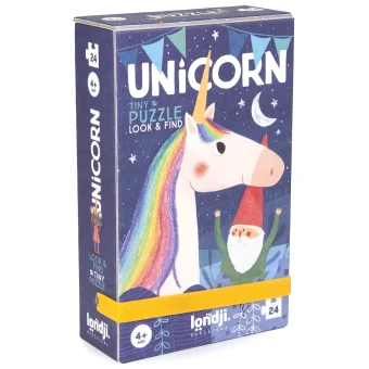 Embalaža puzzla "Tiny Unicorn" Londji za otroke 4+ prikazuje enoroga z mavrično grivo in palčka na temno modrem pravljičnem ozadju.