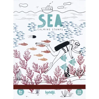 Ovitek kompleta "Sea Calming Stamps" znamke Londji s potapljačem in bogatim podvodnim svetom – ustvarjalni komplet za otroke od 5 let dalje.