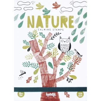 Ovitek kompleta "Nature Calming Stamps" znamke Londji s čudovito ilustracijo drevesa, ptic in listov – ustvarjalni komplet za otroke od 5 let dalje.