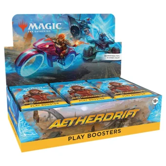 Aetherdrift Play Booster Box za igro Magic: The Gathering ponuja 30 paketov s 14 kartami, vključno z redkimi in foil kartami.