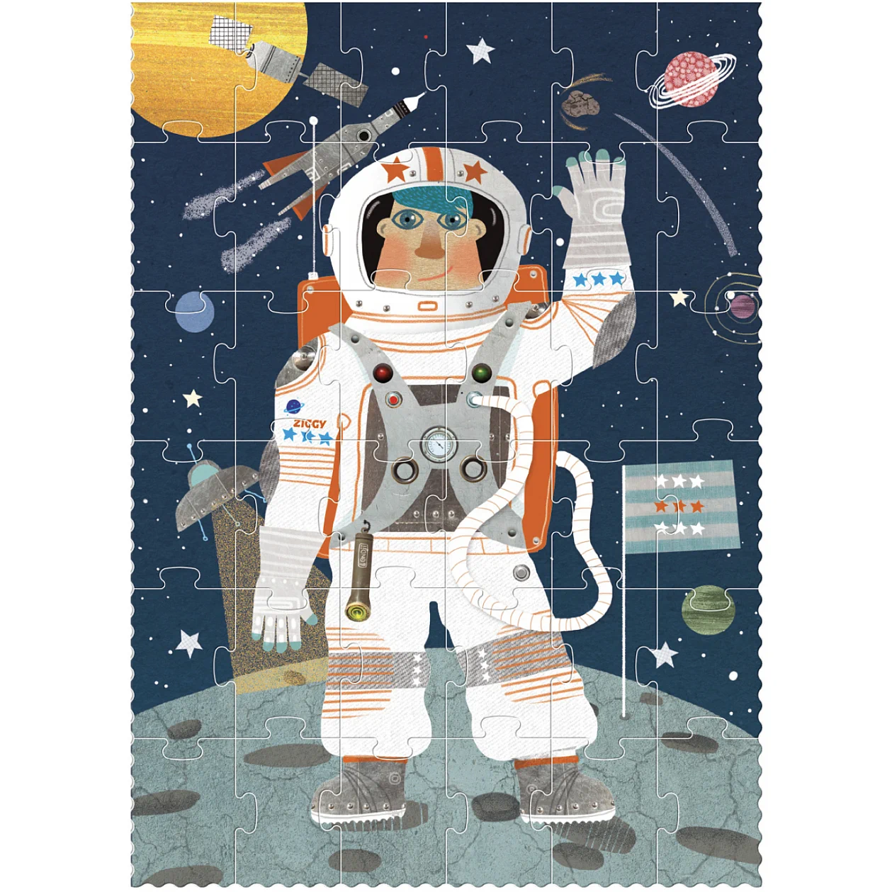 Otroška sestavljanka "Astronaut" znamke Londji – ilustracija astronavta, ki maha z Lune, obkrožen s planeti, raketami in zvezdami.