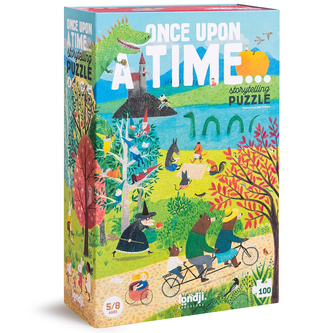 Embalaža puzzla "Once Upon a Time" Londji za otroke od 5 do 8 let prikazuje pravljično pokrajino s čarovnicami, živalmi in zmajem v ozadju.