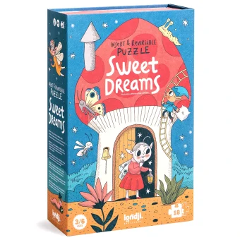 Embalaža puzzla "Sweet Dreams" Londji za otroke od 3 do 6 let prikazuje pravljično gobasto hišico in vilinko pred vhodnimi vrati.