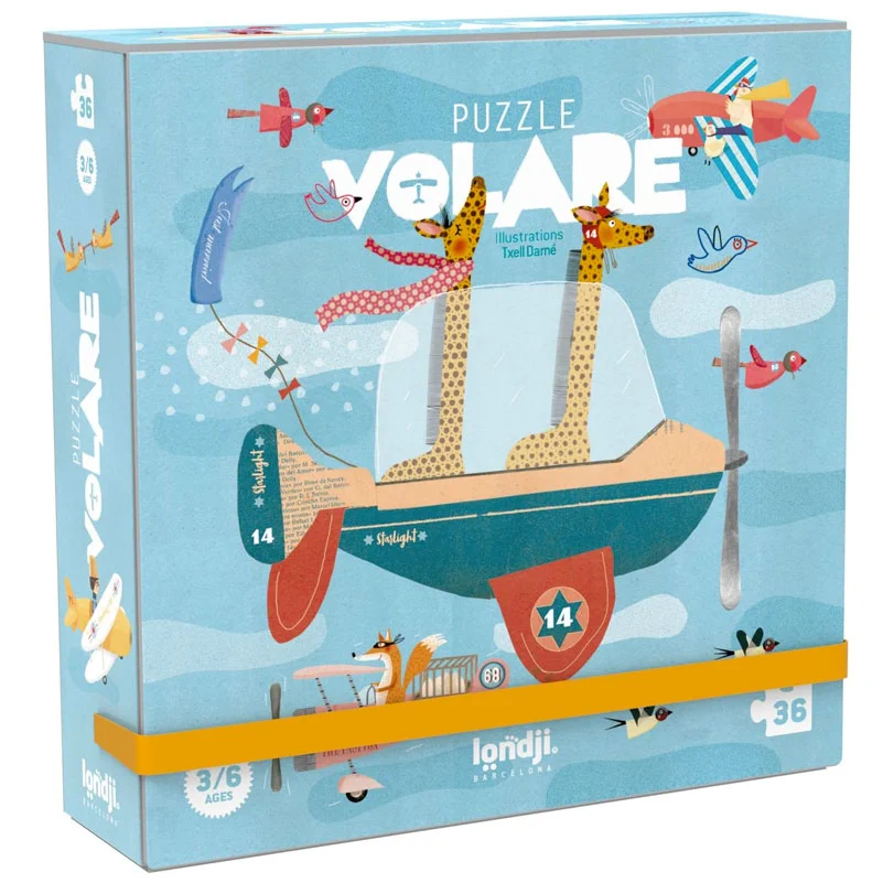 Embalaža puzzla "Volare" znamke Londji za otroke od 3 do 6 let prikazuje žirafi v letalu ter barvite ilustracije neba in letal.